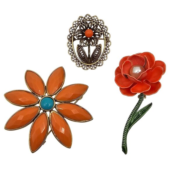 VTG 3PC Brooch Lot Fairycore Orange Gold Tone Whimsy Feminine Charming Boho Pins - Picture 1 of 13
